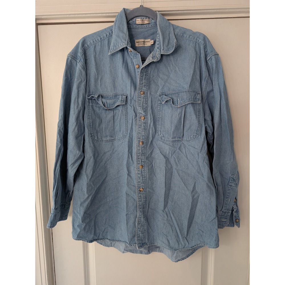 Vintage Abercrombie & Fitch Mens Denim Shirt Light‎ Wash Cotton Blue Medium M